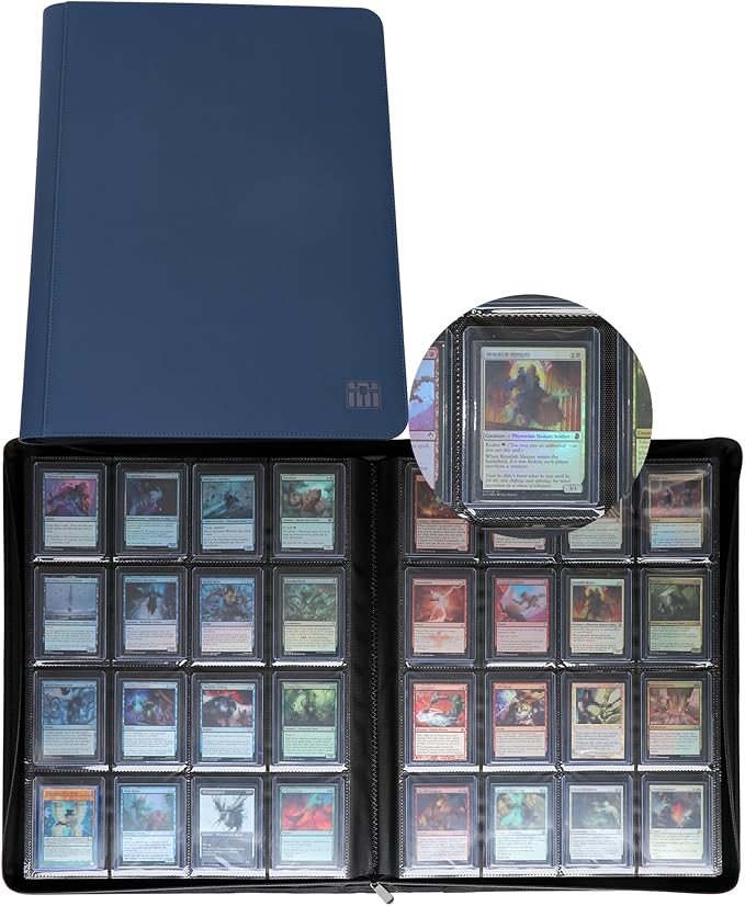 16 Pocket Top loader Binder, Holds 640 Top Loaders, Top loader Binder with Sleeves for Cards 3'' x 4'' Top loaders - Blue