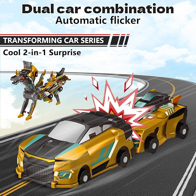 Collision Transforming Dinosaur Car Toy, 2 Magnetic Cars Transform into Dinosaur Toys for Kids Toddler Fun Deformation Robot Dino Car Christmas Birthday Gift Toys for Boys Girl(Golden Dragon)