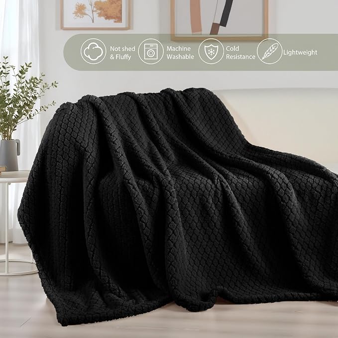 Exclusivo Mezcla Soft Fleece Throw Blanket for Couch, Black | Jacquard Lightweight Cozy Throws for Bed, Sofa, Breathable Decorative Fuzzy Textured All Season Use, 50x60 Inches