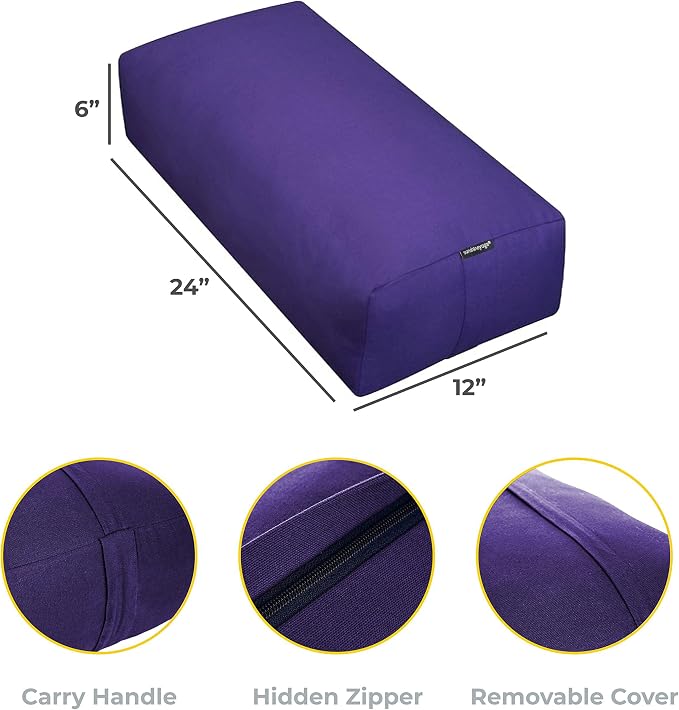 Extra Firm Large Yoga Bolster, 24" x 12" x 6" Cinched OR Zippered Yoga Pillow, Rectangular Cotton Cushion With Removable Cover for Studios, 1 Pack or 2 Pack