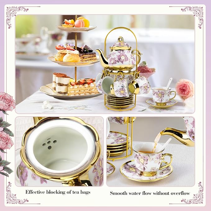 20 Pcs Porcelain Tea Set with Metal Holder, European Ceramic Tea Set for Adults, Adult Tea Set Gift, Flower Tea Cup Saucer Set for Party With Gold Flower Painting (Elegant Purple/500ml)