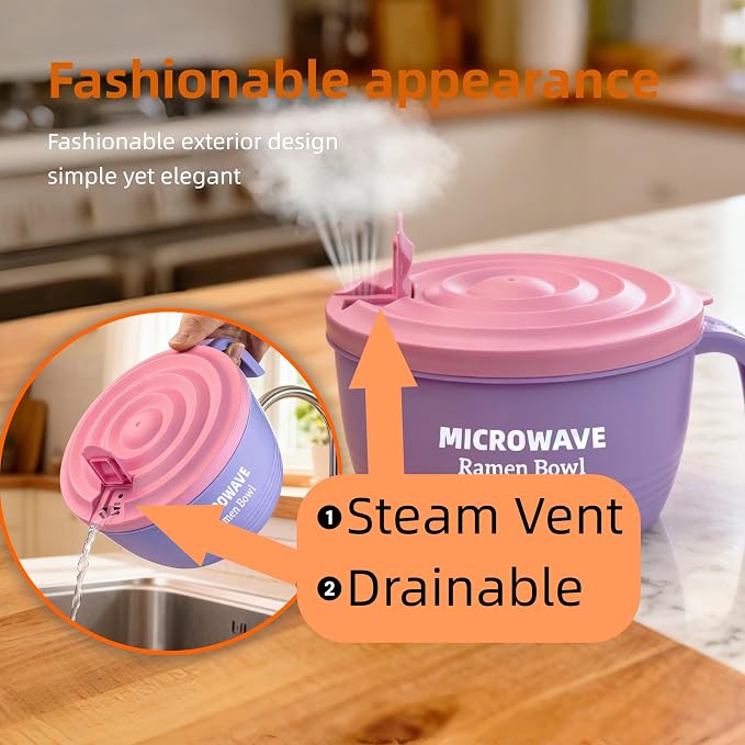 Layron Ramen Cooker Bowl - 45 oz Microwaveable Noodle Bowl Ramen in few Minutes- BPA Free and Dishwasher Safe Set with Chopsticks Perfect for Dorm, Small Kitchen, or Officee (purple)