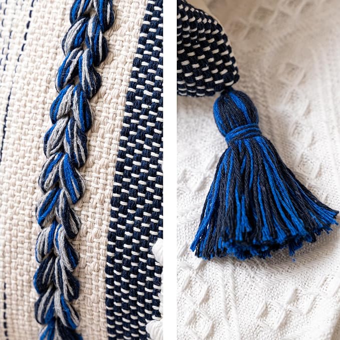 Navy Dark Blue Decorative Throw Pillow Cover 20x20 Square Boho Accent Pillowcase Tassels Farmhouse Cushion for Couch Sofa Bedroom Living Room Home Décor Cover ONLY