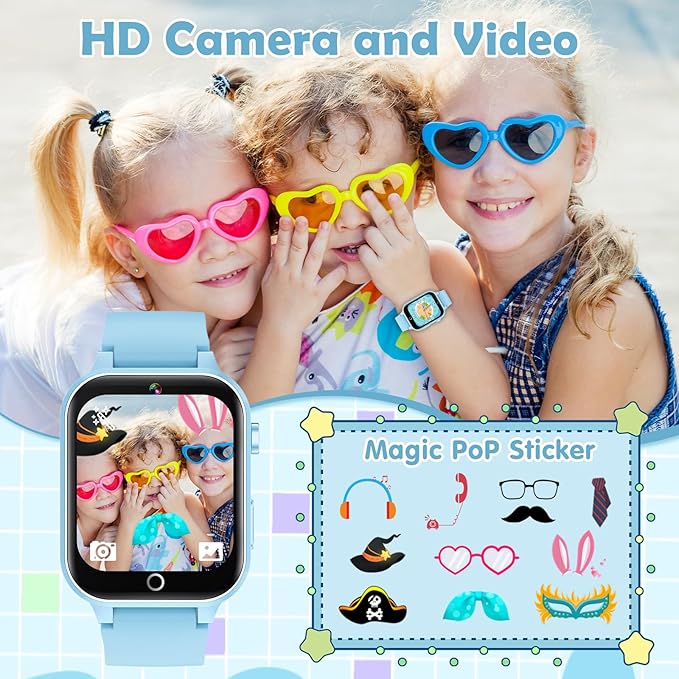 Smart Watch for Kids, with 26 Puzzle Games, Touch Screen, HD Camera, Alarm Clock, Toys for Ages 4-12 Years Old.Birthday Gift for Boys Girls (Soft Blue)