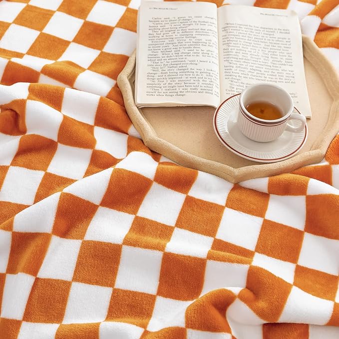 LOMAO Throw Blankets Flannel Blanket with Checkerboard Grid Pattern Soft Throw Blanket for Couch, Bed, Sofa Luxurious Warm and Cozy for All Seasons (Orange, 90"x90")
