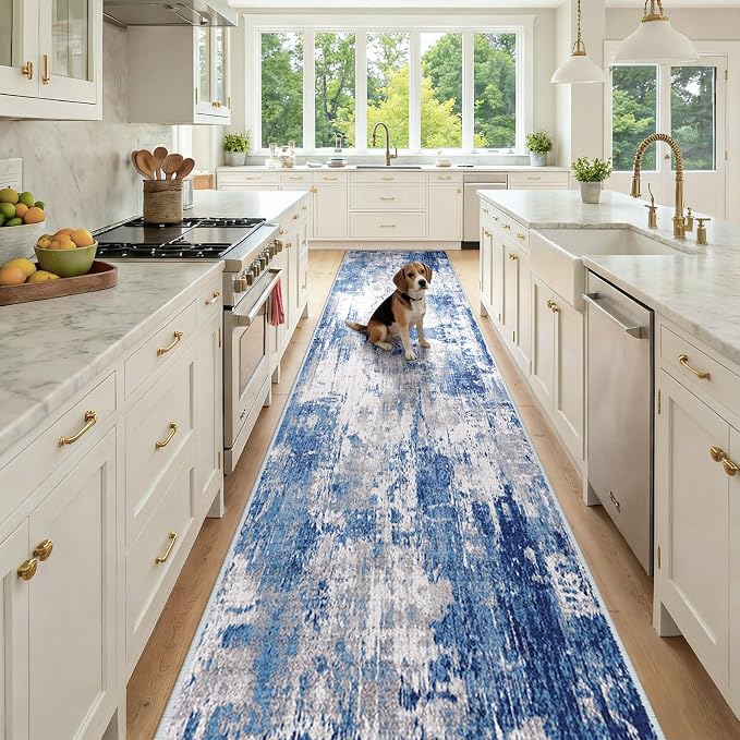 RELEANY Washable Runner 3'x12' Abstract Area Rug for Hallway Blue Gray | carpet for kitchen, entryway, bathroom, living room, bedroom, printed pattern, non-slip, soft, stain-resistant, easy to clean