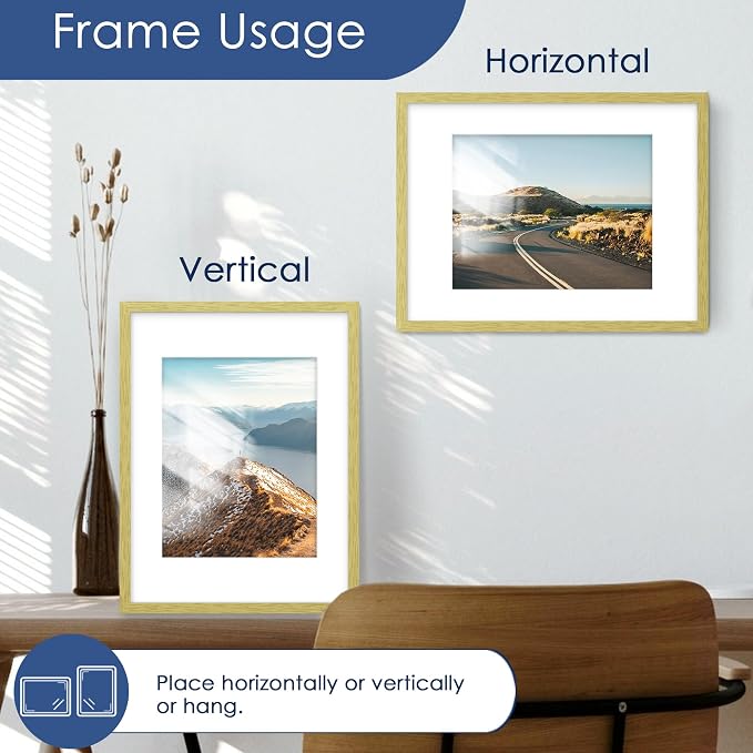 12x16 Picture Frame Set of 6, Wall Mount Display, Gold | Display Pictures 8.5x11 with Mat or 12x16 Without Mat, Horizontal or Vertical, Gallery Wall Frame Set, Wedding Birthday Gifts