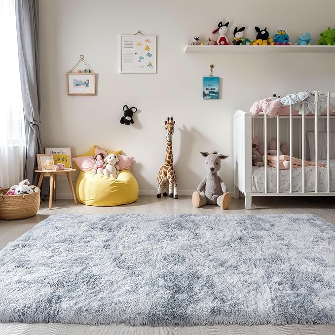 3x5 Thick Tie-Dye Gray Fluffy Shag Rug for Bedroom, Plush Carpet | Area Rug for Living Room, Kids Nursery, Dorm Room, Washable Non Slip Shaggy Floor Carpet