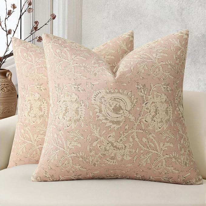 Vintage Floral Print Throw Pillow Covers 26x26 Set of 2 Neutral Modern Farmhouse Pillowcases Accent Decorative Cushion Covers Boho Home Decor for Couch Sofa Chair Bed Living Room, Champagne Pink