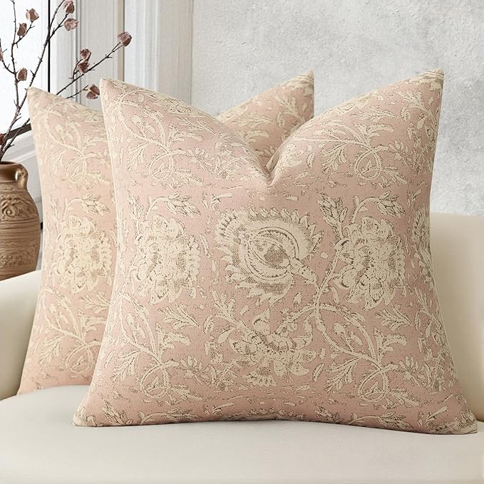 Vintage Floral Print Throw Pillow Covers 20x20 Set of 2 Neutral Modern Farmhouse Pillowcases Accent Decorative Cushion Covers Boho Home Decor for Couch Sofa Chair Bed Living Room, Champagne Pink