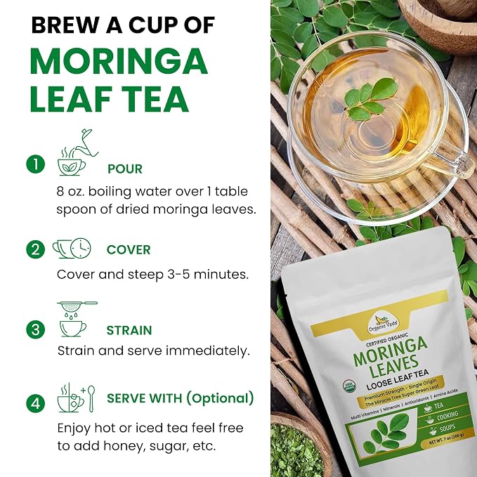 Organic Veda Moringa Tea Leaves - True Green Rich, Premium Single Origin,100% Organic Moringa Oleifera Loose Leaf Tea, Baking, Soup Powder, Caffeine-Free, Vegan, Non-GMO- 7oz
