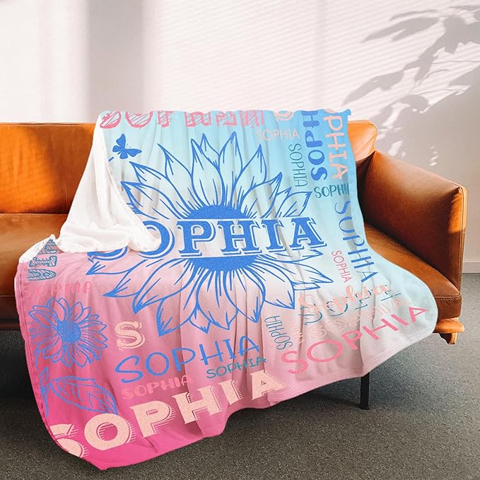 Personalized Name Blanket with Sunflower, Custom Blanket with Name for Adults, Customized Soft Throw Blanket, Personalized Gifts for Birthday Christmas for Women Men