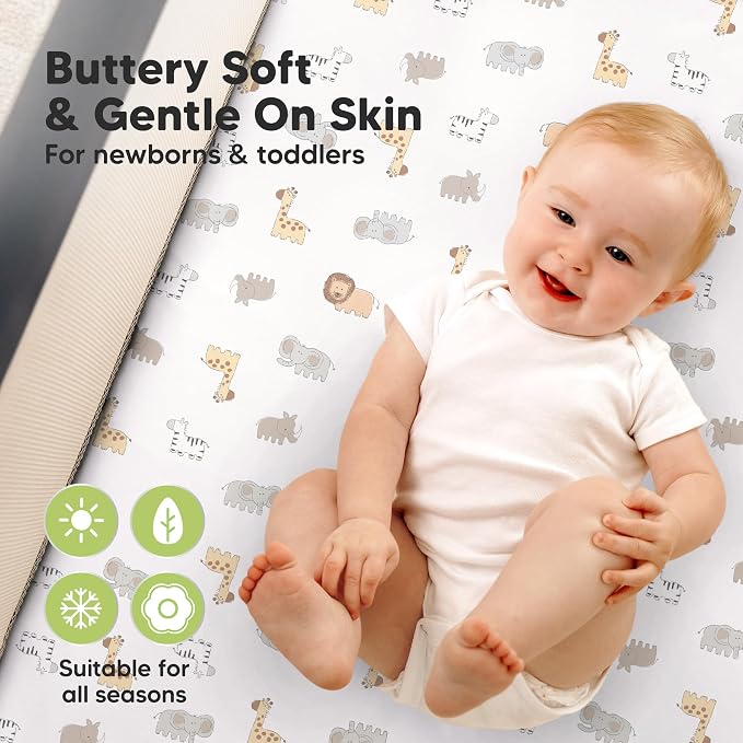 2-Pack Waterproof Pack and Play Sheets, Mini Crib Sheets Fitted for Boy, Girl - 38 x 26 Viscose from Bamboo Pack N Play Mattress Sheets for Graco, Toddler Playard Baby Crib Sheets Neutral (KeaSafari)
