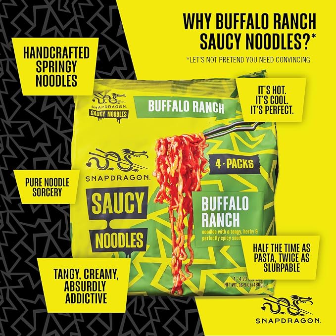Snapdragon Saucy Instant Noodles with Spicy Buffalo Ranch Slurpable Sauce - Quick Meal, Snack, and Lunch. 4-Pack Microwave Noodles for Cup, Bowl, Ramen or Asian Stir Fry