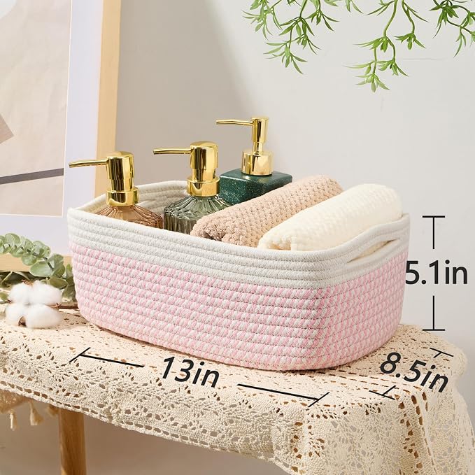 MiniArk Small Storage Baskets for Organizing | Closet Organizer Bins | Shelf Toy Basket | Woven Rope Baskets | Cube Decorative Box | Shallow Basket | 13x8.5x5.1” | 3 Packs White Pink