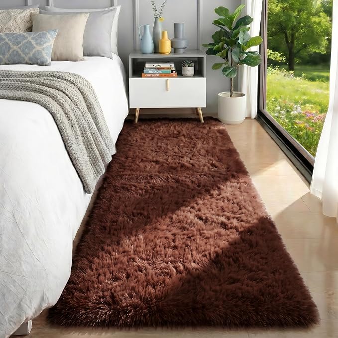 Brown Runner Rug 2' x 6', Fluffy Coffee Rugs for Bedroom Super Soft Long Bedside Rugs, Indoor Plush Carpets for Living Room Kids Teen Dorm Nursery Room Decor Aesthetic Non-Slip Hallway Rug