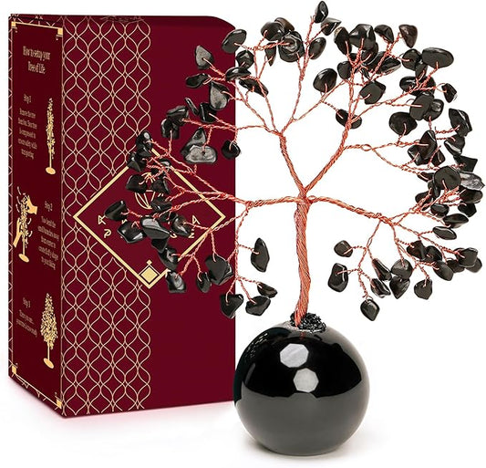Black Obsidian Crystal Tree of Life Birthday Gifts for Women, Handmade Home Decor, Office, Room Decoration, Reiki Healing Crystal Chakra Tree for Money, Positivity, Good Luck Gifts for Her, Mom & Dad