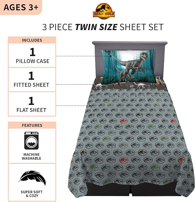 Franco Kids Bedding Super Soft Microfiber Sheet Set,3pcs, Twin, Jurassic World Dominion