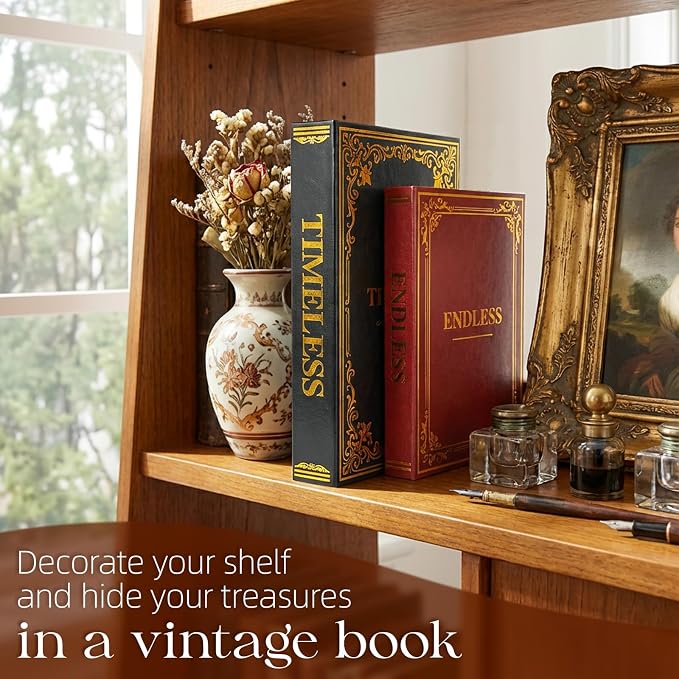 Vintage Decorative Book Storage Box Set of 2, Stylish Faux Leather Decorative Books, Fake Book Storage Box for Bookshelf, Coffee Table, Modern Home Decor, Black & Dark Brown