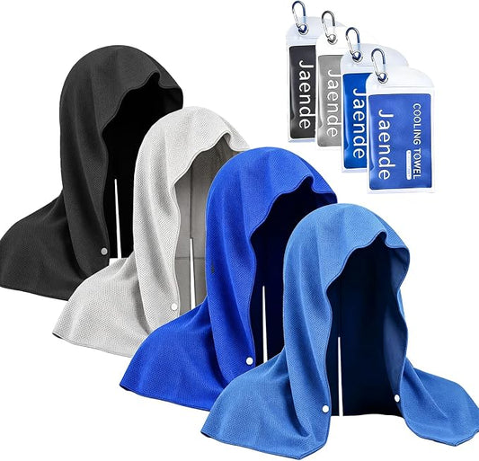 Jaende 4Pack Cooling Hoodie Towel, UPF 50+ Sun Protection Ice Towel, Instant Cooling Towels for Neck and Face, Perfect for Sports, Gym, Workout, Yoga, Running & Hot Weather