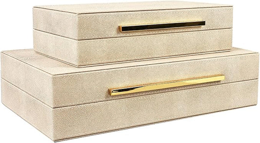 Set of 2 Beige Faux Leather Decorative Storage Boxes with Metal Handles | Stackable Nesting Jewelry Box Organizer Photo Organizer for Home Decor
