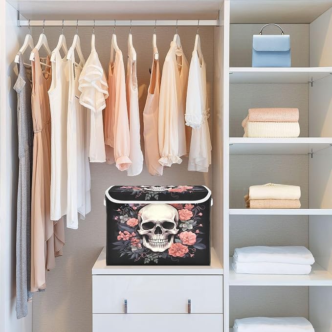 Skull Storage Bins with Lids and Carrying Handle,Foldable Storage Boxes Organizer Containers Baskets Cube with Cover for Home Bedroom Closet Office