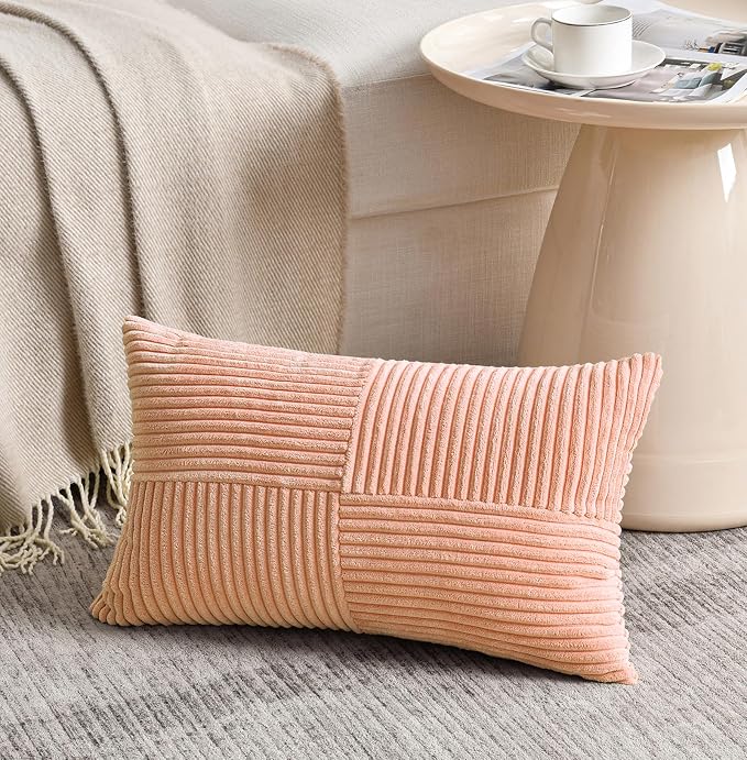 Fancy Homi 2 Packs Peach Lumbar Decorative Throw Pillow Covers 16x32 Inch for Living Room Couch Bed Sofa, Rustic Farmhouse Boho Home Decor, Soft Striped Corduroy Rectangle Accent Cushion Case 40x80 cm