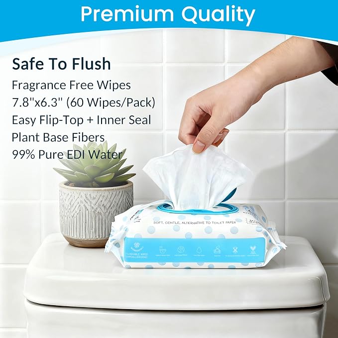 WONDERFUL Flushable Wipes, Unscented 100% Plant-Based Wet Butt Wipe for Adults & Kids, Sewer Septic Safe, Gentle for Sensitive Skin, Wipes Flushable Pack for Bathroom & Travel, 6-Pack (360 Count)