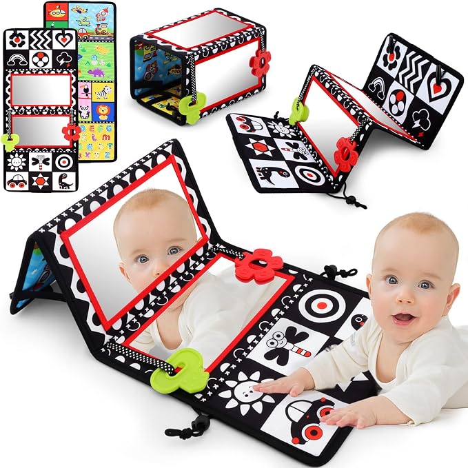 Tummy Time Floor Mirror with Teethers, Double-Sided Baby Mirror Black and White High Contrast Baby Toys for Babies, Baby Montessori Toys Crawling Developmental Newborn Infant Sensory Toys