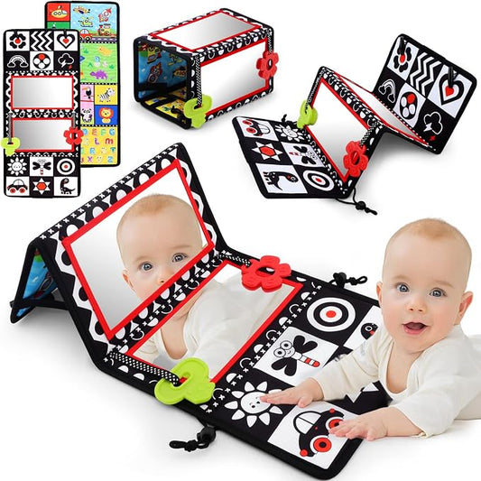 Tummy Time Floor Mirror with Teethers, Double-Sided Baby Mirror Black and White High Contrast Baby Toys for Babies, Baby Montessori Toys Crawling Developmental Newborn Infant Sensory Toys