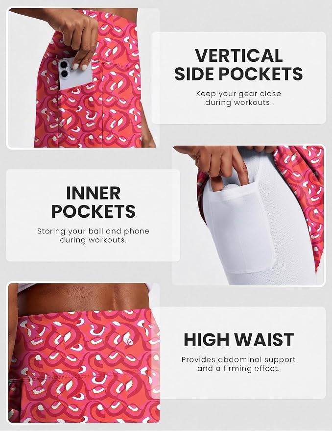 PINSPARK 19" Knee Length Skorts for Woman with Pockets UPF 50+ Golf Skirts | 4 Pockets, Built-in Shorts, High Waisted & Tummy Control, Moisture-wicking for Golf Athletic Tennis Workout Casual
