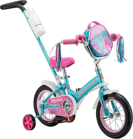 Schwinn Petunia and Grit Bike, 12 Inch Bike for Kids Ages 2-4, Orange, Teal, Pink or Blue, Steerable Beginner Bicycle with Training Wheels, Parent Push Handle, Rear Coaster Brake, Adjustable Seat