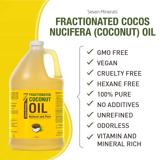 Seven Minerals Pure Fractionated Coconut Oil - 1 Gallon - Non-GMO, 100% Natural, Lightweight Massage Oil for Therapy on Skin, Hair, More - Perfect Bulk Carrier Oil for Essential Oils (128 fl oz)