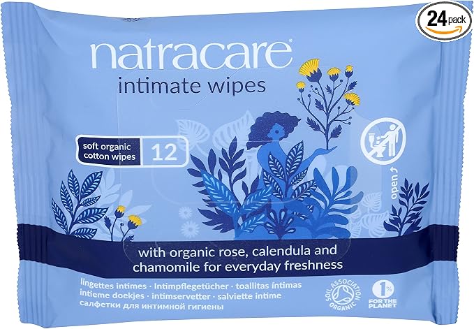 Natracare Organic Cotton Intimate Wipes Infused with Organic Essential Oils of Chamomile, Calendula and French Rose, 12 Wipes per pack (24 Pack, 288 wipes total)