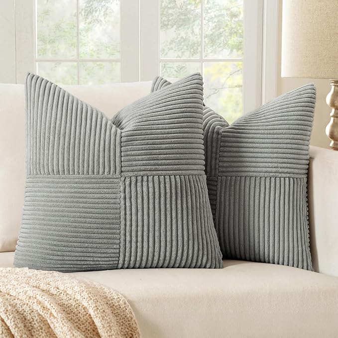 MIULEE Silver Grey Decorative Throw Pillow Covers for Couch 20x20 Inch | 2 Pack, Boho Farmhouse Pillow Covers, Soft Cross Corduroy Patchwork Textured Cushion Cases For Bed Sofa