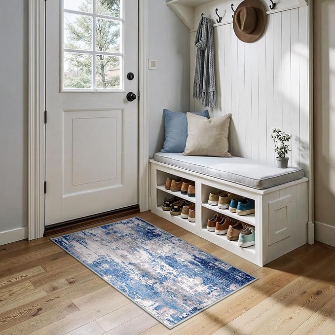 RELEANY Washable Area Rugs 2'x4' Non-Slip Modern Abstract Soft for Living Room Entryway Bedroom Kitchen, Print Pattern, Blue Grey Navy Gray | carpet for bedroom, kitchen, office, hallway and entryway, printed pattern, non-slip, soft, stain-resistant, e...