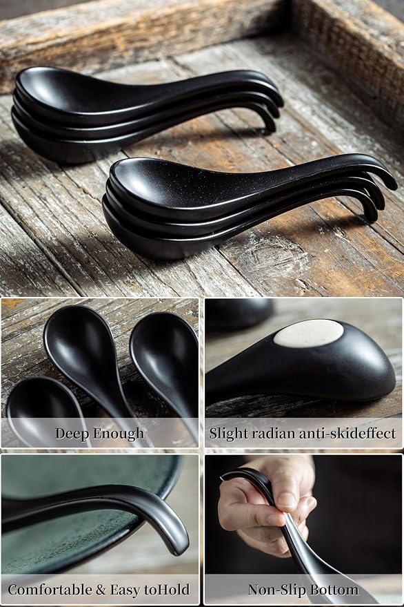 LYEOBOH Soup Spoons, Ceramic Ramen Spoon Set of 6-6.5inch Japanese Spoons | Chinese Spoons with Deep Hook Non-slip, Stackable Korean Spoons Deep for Pho Pasta Cereal, Dishwasher & Microwave Safe, Black