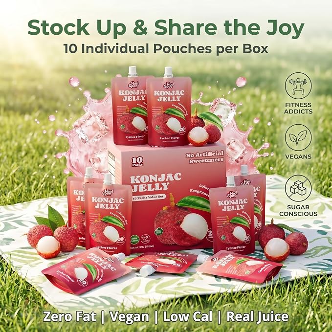 Healspot Real Fruit Juice Snacks Konjac Jelly with Collagen Peptides and Vitamin C, No Artificial Sweetener, Low Calories|Gluten Free|Keto Friendly, Healthy Korean Snacks 10 Pouches Lychee Flavor