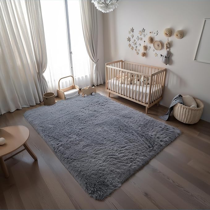 3x5 Grey Fluffy Shag Rug for Bedroom, Plush Washable Carpet | Area Rug for Living Room, Kids Nursery, Boys Girls Dorm Room, Non Slip Shaggy Floor Carpet