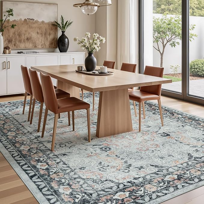 8x10 Area Rugs for Living Room Washable Non-Slip Large Carpet, Grey/Blush | Soft Area Rug for Bedroom Dining Room Home Office Indoor Nursery, Stain Resistant, Low Pile, Vintage Distressed Rug
