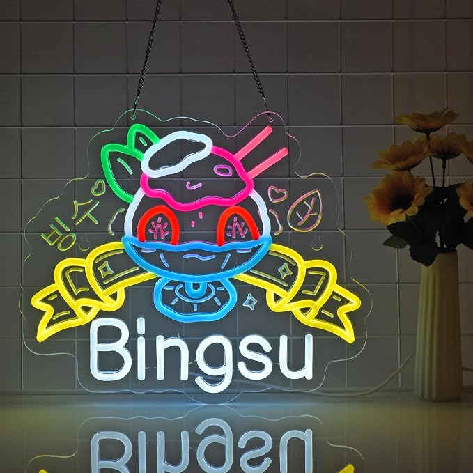 Bingsu Neon Sign,Korean Shaved Ice LED Light Sign Wall Decor | Neon Lights Hanging Wall Art Decoration for Korean Restaurant Ice Cream Cafe Party Home Decor, USB Powered,Dimmable,15×12.2In