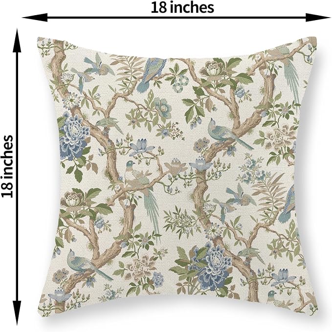 Chinoiserie Pillow Covers 18x18 Set of 2 Blue Green Bird Floral Throw Pillows Vintage Blue Flowers Decorations Outdoor Pillowcase Chinoiserie Decor Farmhouse Linen Cushion Case for Couch Home