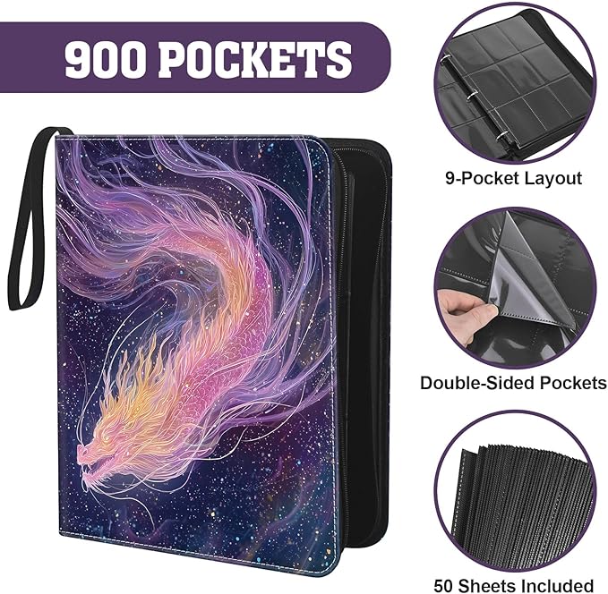 Trading Card Binder 900 Slots, 3-Ring Refillable 9-Pocket Album, 50 Top-Loading Pages, Zippered Case with Strap, Acid-Free PVC-Free, Fits 2.5 x 3.5 in Cards, TCG