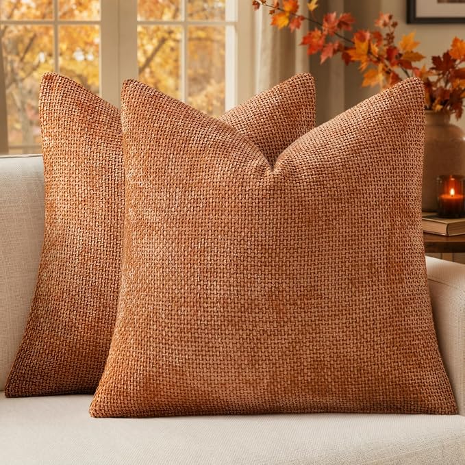 MIULEE Fall Decorative Orange Couch Throw Pillow Covers 18x18 Inch 2 Pack | Modern Boho Accent, Soft Chenille Pillow Covers, Farmhouse Cushion Cases for Home Decor Bed Sofa Living Room