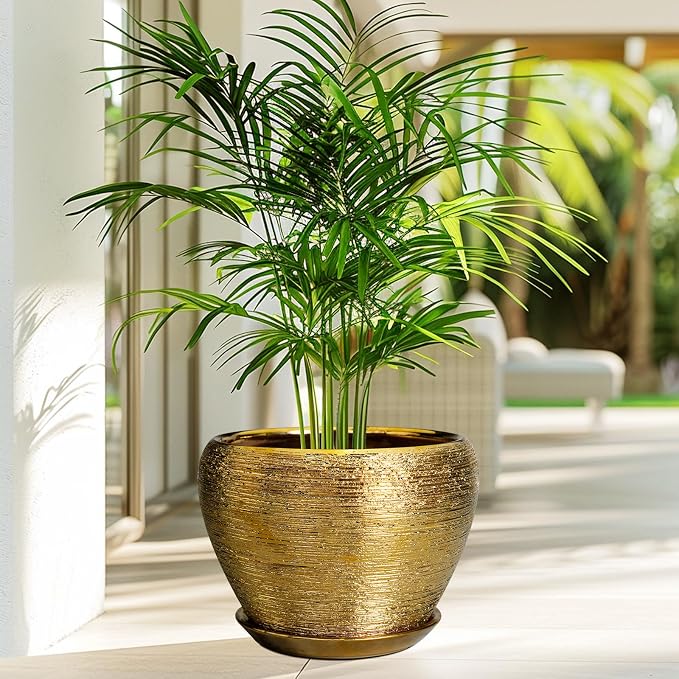 Ceramicfor Ceramic Planter 10 Inch - Indoor Plant Pot with Drainage Hole and Saucer Large Decorative Planter Mid-Century Modern Flower Pot Outdoor for Home Decor Gold