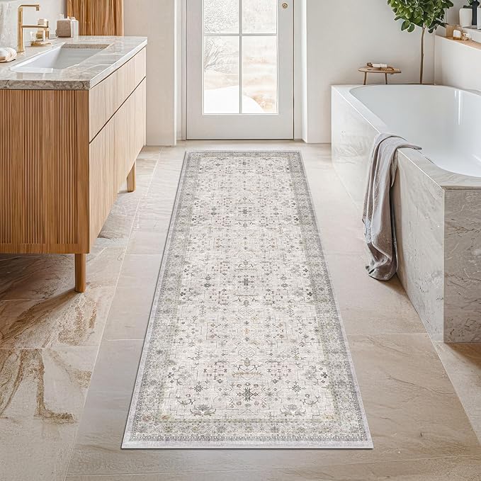 Hazo Haus Washable Neutral 2x6 Bathroom Runner Rug, Vintage Kitchen Floor Mat for Indoor Entrance and Bedroom, Light Gray & Sage Geometric Runner Rug Decor, Low Pile Stain Resistant