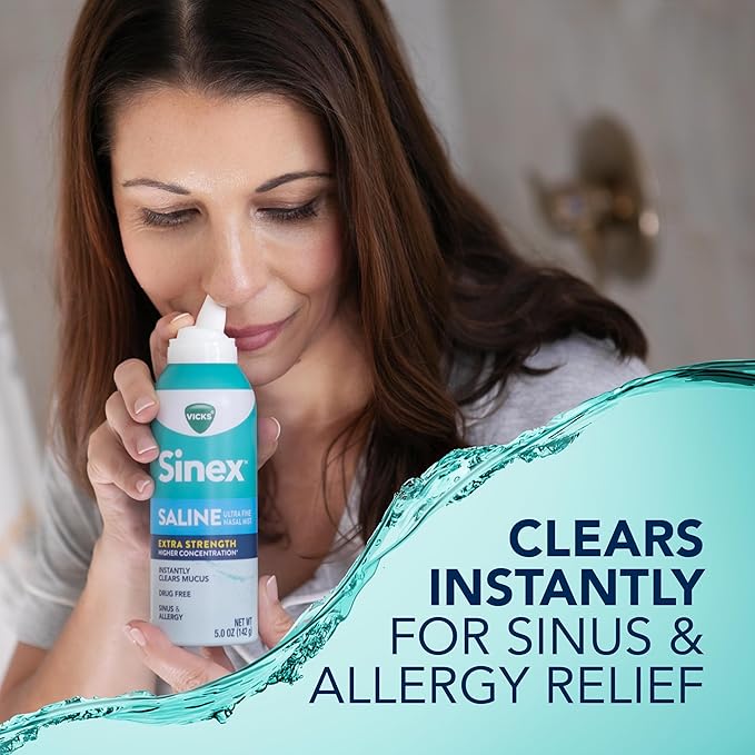 VICKS Sinex Saline Extra Strength Nasal Spray, 3X Concentrated* Drug Free Ultra Fine Mist, Instantly Clears Mucus, Ultra Concentrated to Clear Congestion Fast, Safe For Daily Use, 5 OZ x 2