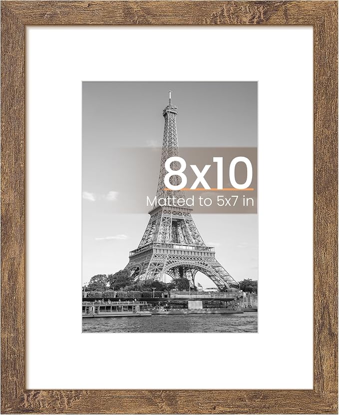 upsimples 8x10 Picture Frame, Display Pictures 5x7 with Mat or 8x10 Without Mat, Wall Hanging Photo Frame, Rustic Brown, 1 Pack