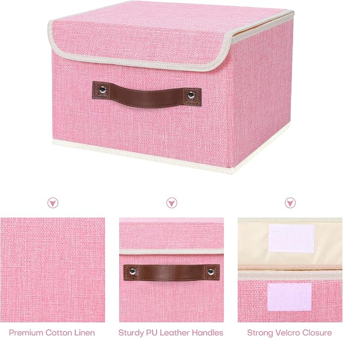 ANMINY Fabric Storage Box Bins with Lids, Pink, 10"x8"x7" | Keepsake Memory Storage, Cotton Linen, PP Board Reinforced, Washable, PU Handles, Foldable & Stackable, Decorative, Small