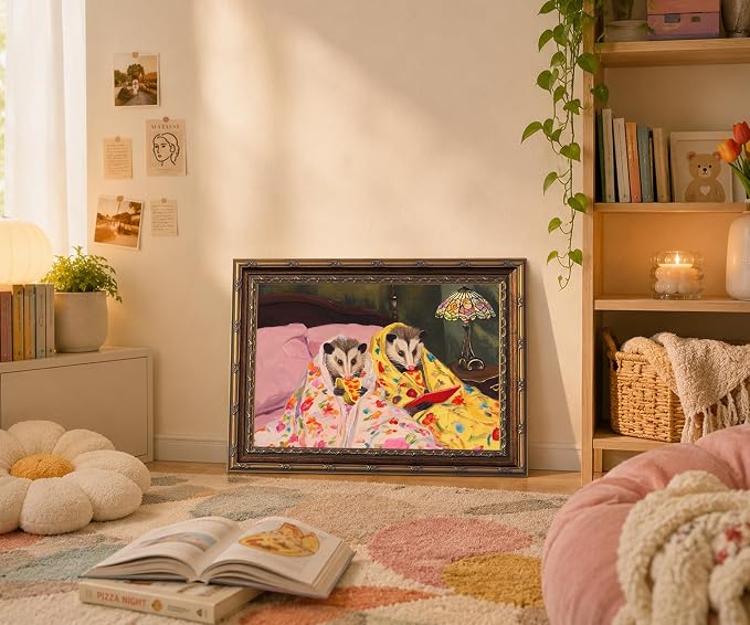 Gold Framed Funny Opossum gifts Wall Art Cute Possum Eating Pizza Print | Whimsical Cute Possum ,Vintage Animal Picture Wall Decor Canvas Painting for Living Room Bedroom Bathroom Office, 8x10 In